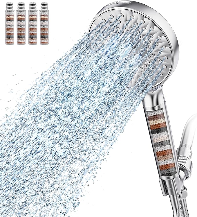 SR SUN RISE Filtered Shower Head with Handheld High Pressure 9 Spray Mode Showerhead Detachable Shower Head Water Softener Filters Beads for Hard Water Remove Chlorine 4 Filters Chrome