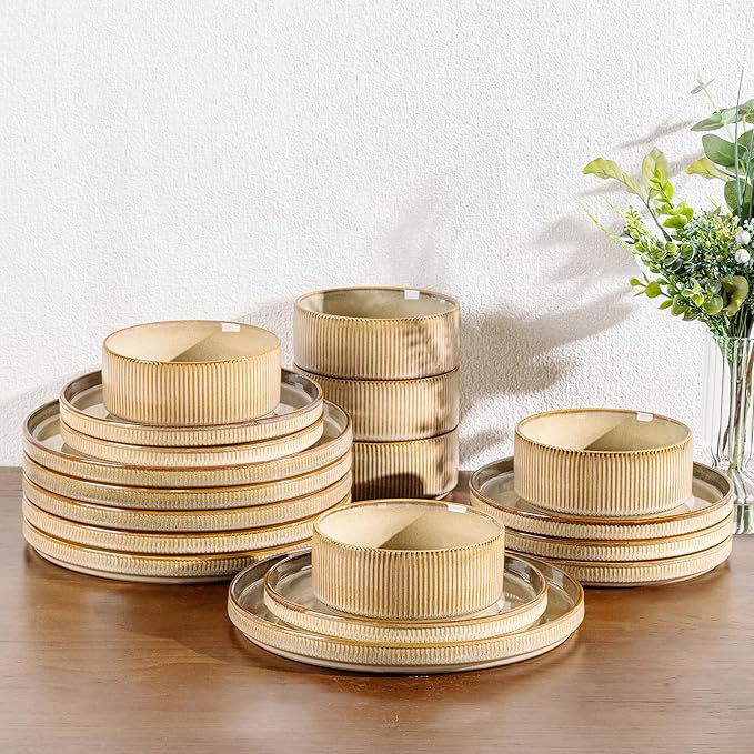 GBHOME Stoneware Dinnerware Sets for 4,Round Reactive Glaze Ceramic Plates and Bowls Set,Highly Scratch Resistant | Dishwasher & Microwave Safe Dishes Set,Service for 4(12Pcs),Barley Latte