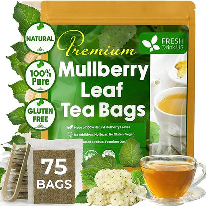 FreshDrinkUS, Premium 75 Mulberry Leaf Tea Bags, 100% Natural & Pure from Mulberry Leaves. Loose Leaf Herbal Tea. Made with Natural Material Tea Bags. No Sugar, No Caffeine, No Gluten, Vegan.