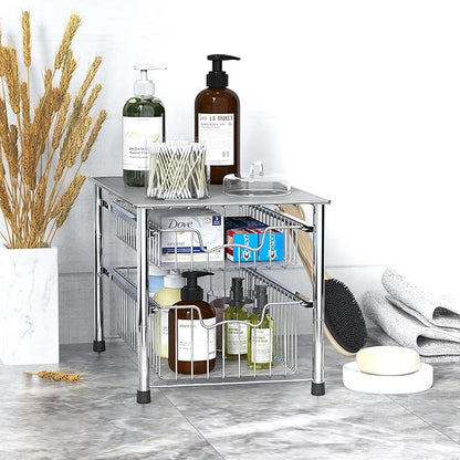 Simple Houseware Stackable 2 Tier Sliding Basket Organizer Drawer, Chrome