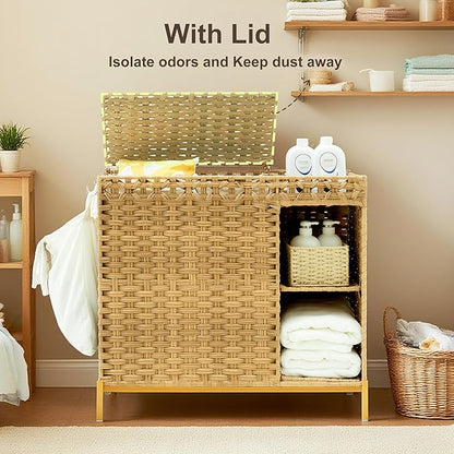 Laundry Hamper with Lid, 110L (29.1 Gal) Rattan Laundry Hamper 2 Section with 50L (13.2 Gal) Storage Shelf, Wicker Woven Laundry Sorter Basket with 3 Liner Bags and Handles, Natural GLH002N