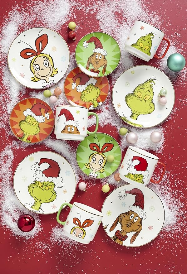Lenox 898093 Merry Grinchmas Tidbit Plates, Service For 4, Assorted, Christmas Dishes, Dinnerware Set, Holiday
