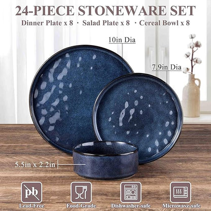 Herogo 24 Pieces Dinnerware Sets for 8, Plates and Bowls Sets for Home Serving, Stoneware Dining Dishes, Dishwasher & Microwave Safe, Starry Blue