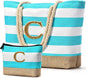 Becokan Beach Bag Initial Beach Tote with Makeup Bag for Travel Work Storage Personalized Birthday Gifts for Women Her