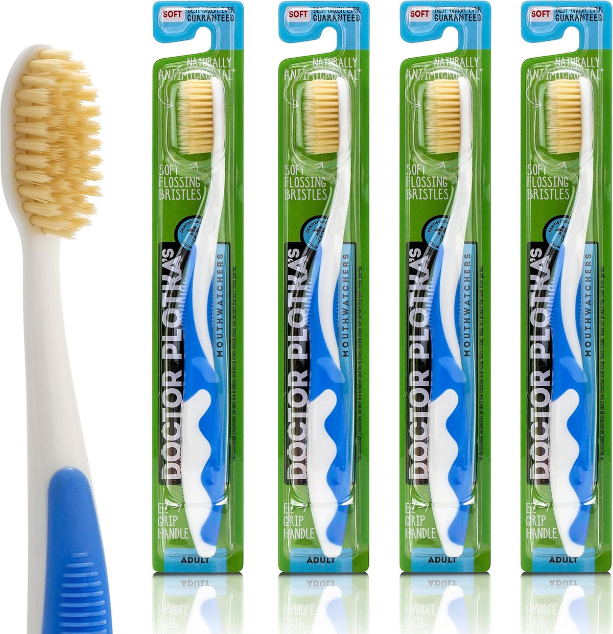 MOUTHWATCHERS Soft Flossing Toothbrushes, Value Pack of 4, Blue, Manual Toothbrush for Adults, Ultra Clean, Good for Sensitive Teeth and Gums, by Dr. Plotka's