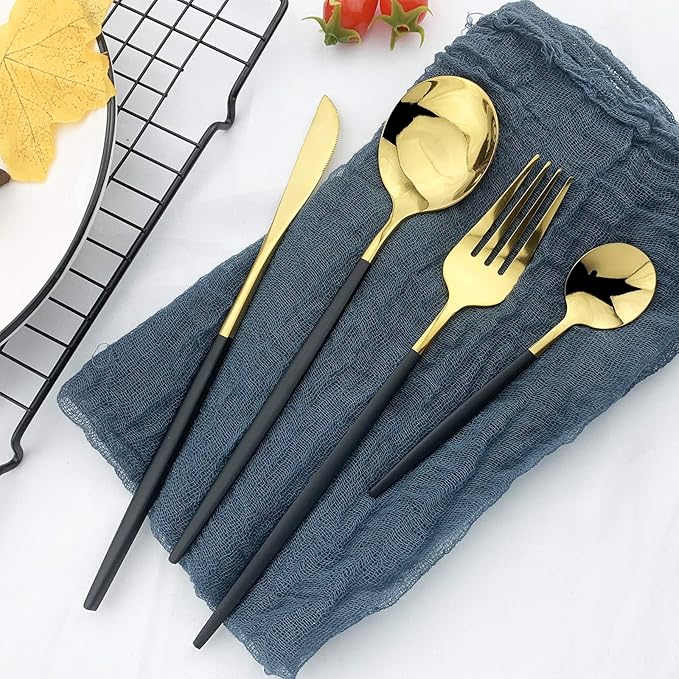 JASHII Flatware Serving Set 24 Piece, Stainless Steel Silverware Set, Titanium Black Gold Cutlery Set, Modern Elegant Tableware Set for Party, Christmas, Dinner (Black Gold)