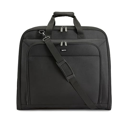 Amazon Basics 43" Premium Garment Bag for Travel, Suit Bag with Shoulder Strap for Suits and Dresses, 1680D Polyester Fabric, Exterior/Interior Pockets, Leather-reinforced Corners, Trifold, Black