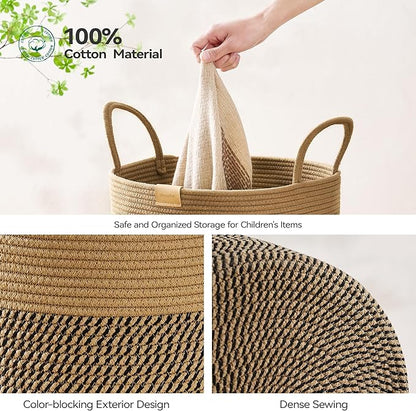 80L Laundry Hamper Basket,Baby Nursery Woven Storage Basket for Toys Bin,Pillows,Blankets,Clothes,Dark&Brown