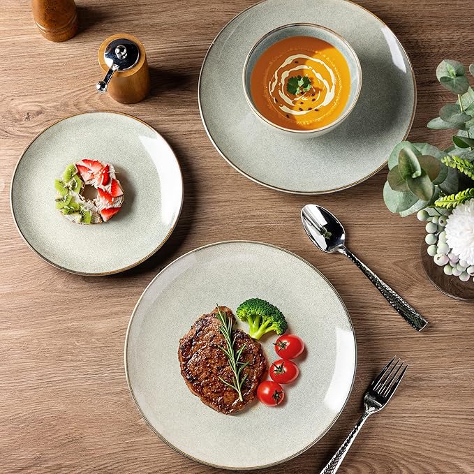 AmorArc Ceramic Dinnerware Sets for 4, 12 Pieces Handpainted Stoneware Plates and Bowls Set, Scratch Resistant Dishes Set, Dishwasher & Microwave Safe, Reactive Color