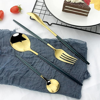 JASHII Flatware Serving Set 24 Piece, Stainless Steel Silverware Set, Green Gold Cutlery Set, Modern Elegant Tableware Set for Party, Christmas, Dinner (Green Gold)