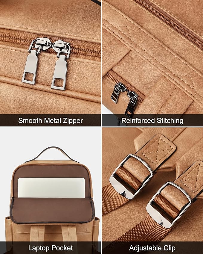 MASINTOR 15.6 inch PU Leather Laptop Backpack Purse for Women, Large College Casual Backpack Travel Bag Retro Camel