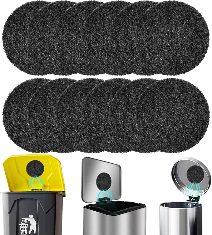 12-Pack Universal Stick-on Trash Can Odor Absorbing Filters, Thick Design Activated Charcoal Purifying Deodorizer for Trash Cans, Compost Buckets, Countertop and Recycle Bins (Round)