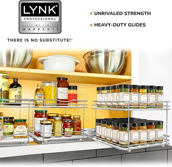 LYNK PROFESSIONAL® Pull Out Spice Rack Organizer for Inside Kitchen Cabinets - 10-3/8 inch Wide - Slide Out Drawer – Chrome Sliding Spice Cabinet Organization Shelf Racks - 2 Tier