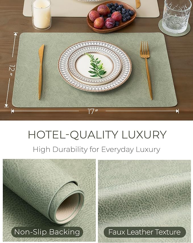 Leetaltree Reversible Faux Leather Placemats and Coasters Set of 16, 12x17 Inch