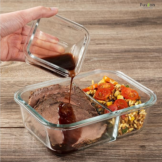 Fusion Gourmet Glass Meal Prep Containers with Lids [8 Pack, 33 oz & 4.5 oz] - 2 Compartment Divided Glass Bento Boxes for Adults, Oven Safe & Airtight