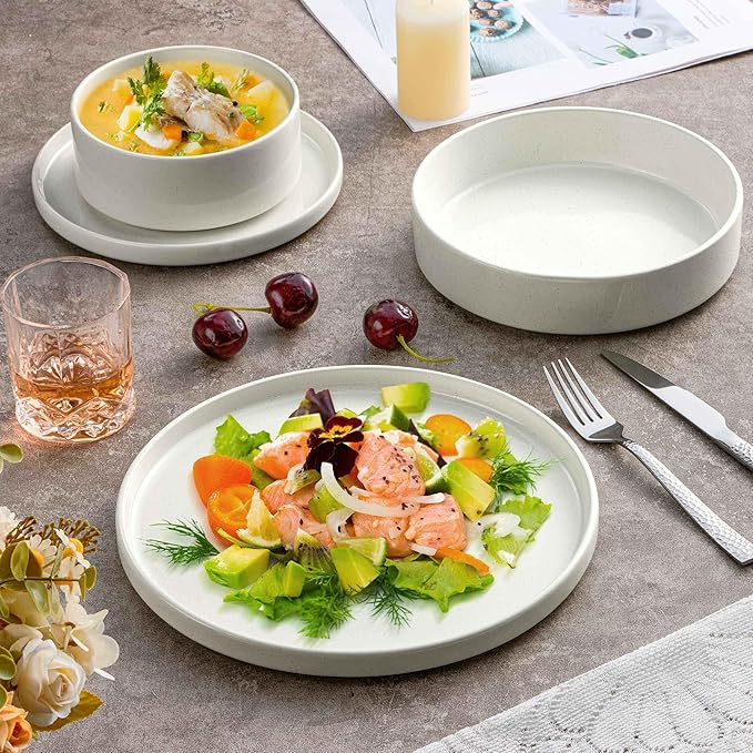 Herogo 24 Piece Dinnerware Sets with Pasta Bowls for 6, Dinner Salad Plates and Cereal Serving Bowls, Stoneware Dishes Dinner Ware for Kitchen Dining, Dishwasher & Microwave Safe, Speckled White