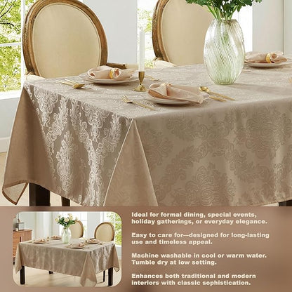 Newbridge Barcelona Luxury Damask Fabric Tablecloth, 52” Wide x 70” Rectangle, Golden Beige, 100% Polyester, No Iron, Soil Resistant Dining Room, Party and Banquet Table Cover