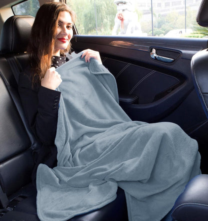 BlueHills Premium Soft Plush Travel Blanket Pillow for Airplane Traveling Essentials in a Bag Flight Throw with Hand Luggage Belt Backpack Clip Compact Portable Plane Accessories Grayish Blue - T026