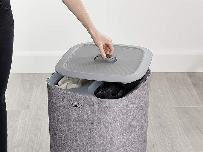 Joseph Joseph Tota 60 liter/15.8 gallon Laundry Hamper Separation Basket with lid, 2 Removable Washing Bags with Handles- Grey