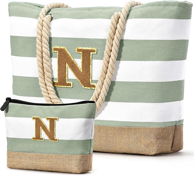 Becokan Beach Bag Initial Beach Tote with Makeup Bag for Travel Work Storage Personalized Birthday Gifts for Women Her