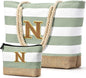 Becokan Beach Bag Initial Beach Tote with Makeup Bag for Travel Work Storage Personalized Birthday Gifts for Women Her