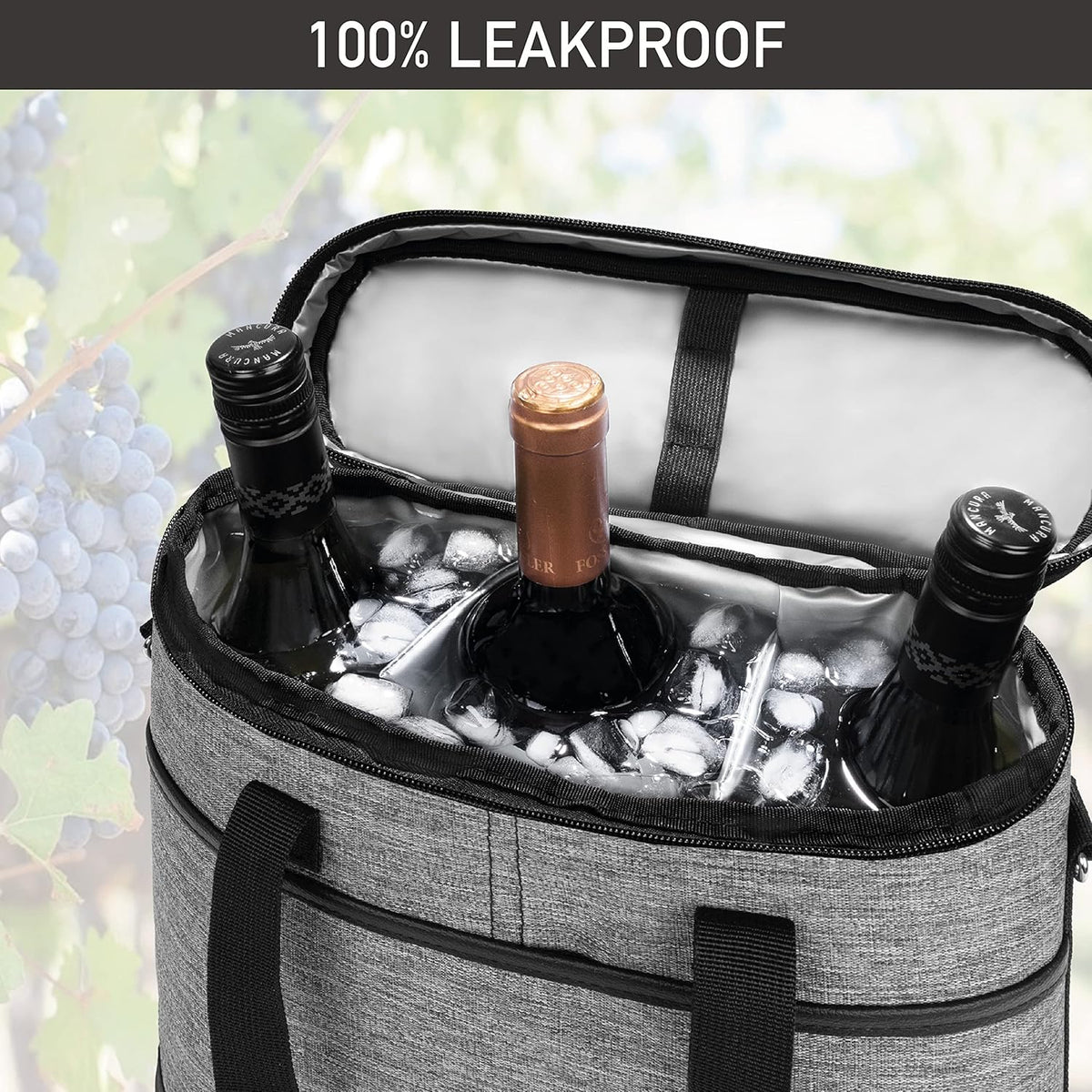 OPUX 3 Bottle Insulated Leakproof Wine Cooler Bag, Portable Wine Bottle Carrying Case - Grey