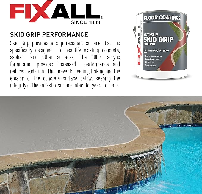 FIXALL Skid Grip Anti-Slip Coating, 1 Gallon, Slate, Exceeds ADA Standards, Ideal for Safety Areas, Slip-Resistant Pavement, Cement & Concrete Paint