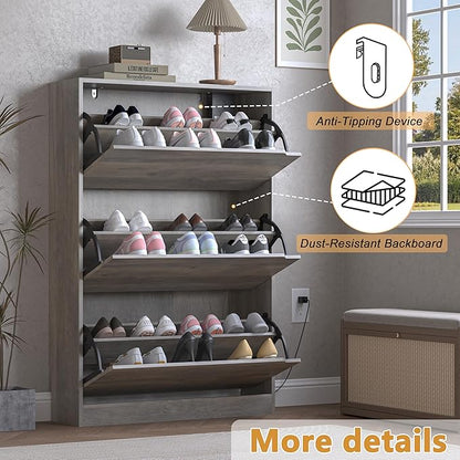 Shoe Cabinet with Odor Control and Back Panels, Deodorizing Slim 3-Flip Shoe Storage Cabinet for Entryway, Freestanding Hidden Shoe Rack Organizer for Entrance, Hallway, Bedroom
