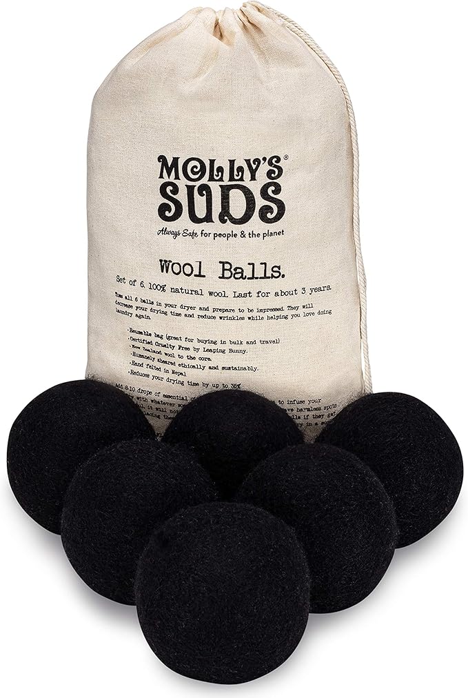 Molly's Suds Wool Dryer Balls | XL, Premium Organic Fabric Softener, Hypoallergenic, Hand-Felted, Reusable, Reduce Drying Time | Black, Set of 6