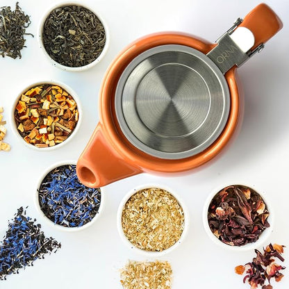 ORNA Ceramic Teapot with Tea Infuser – Small Tea Pot for Loose Leaf Tea – 550ml / 18.6 Oz Porcelain Non-Stove Teapot for 2 Cups with Tea Strainer (Orange)