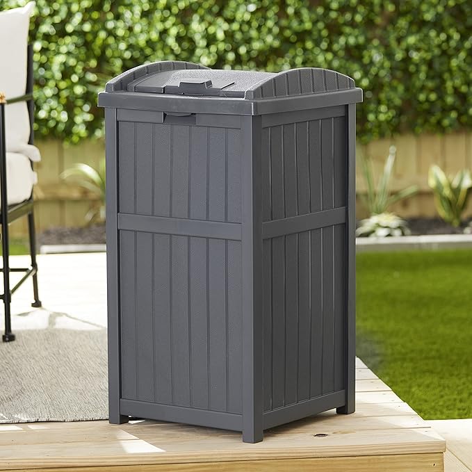 Suncast Outdoor Trash Hideaway, Resin Refuse Container w/ Lid, Cyberspace, 30 Gallon Capacity - Stylish Concealed Waste Storage for Patio, Backyard, Deck or Garden, Use 30-33 Gal. Garbage Can Liners