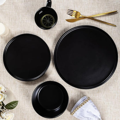 Plates and Bowls Sets for 4 - CJDC-QUELO 16 Piece Stoneware Dinnerware Sets with Mugs, Ceramic Dishware Sets for Kitchen Dining Use, Chip and Scratch Resistant Microwave Dishwasher Safe, Black