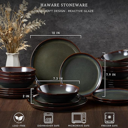 HaWare Dinnerware Sets, 24-Piece Stoneware Plates and Bowls Set, Dish Set for 8, Ceramic Dishware for Home Restaurant, Chip and Scratch Resistant, Microwave and Dishwasher Safe, Reactive Moss Green
