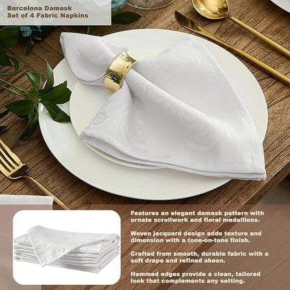 Newbridge Barcelona Luxury Damask Fabric Napkins, Set of 4 Square Napkins, White, 100% Polyester, No Iron, Soil Resistant Dining Room, Party and Banquet Napkins