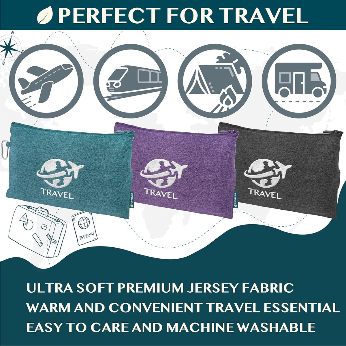 PAVILIA Travel Blanket Airplane Compact with Bag, Small Travel Pillow Blanket Long Flights, Lightweight Plane Blanket with Luggage Strap, Camping Blanket for Traveler Essentials, Teal Blue, 65x40