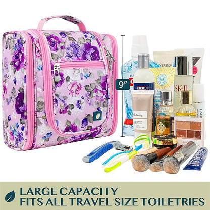 PAVILIA Toiletry Bag Travel Bag for Women Men, Hanging Cosmetic Organizer, Water Resistant Makeup Bag for Accessories Toiletries, Large Travel Essentials Kit (Floral Pink)