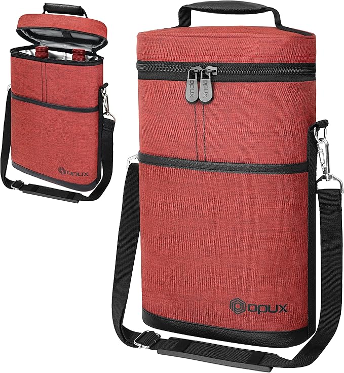 opux 2 Bottle Wine Carrier Tote, Insulated Leakproof Wine Cooler Bag, Wine Travel Bag for Picnic BYOB Beach, Portable Wine Bottle Carrying Case, Gift for Wine Lover Women Men Christmas, Red
