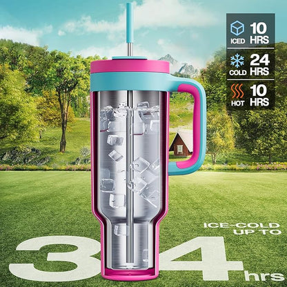 POWCAN 50 oz Tumbler with Handle, 2-in-1 Straw and Sip Lid, Leakproof, Dishwasher Safe, Insulated Stainless Steel Travel Coffee Mug, Keeps Cold for 34 Hours, Fits in Car Cup Holder (Petal)