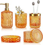 Orange Bathroom Accessories Set, 5Pcs Clear Glass Bathroom Set Accessories, Lotion Soap Dispenser, Soap Dish, Tumbler, Toothbrush Holder Set, Qtips Holder for Crystal Vintage Bathroom Decor,