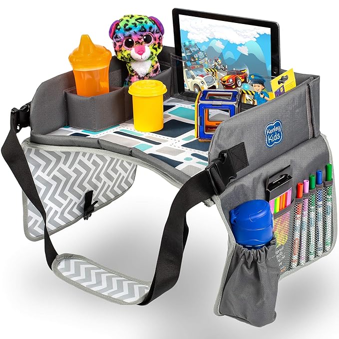 Kenley Kids Travel Tray, Toddler Car Seat Lap Tray, Road Trip Essentials Activity Table (Blue/Gray)