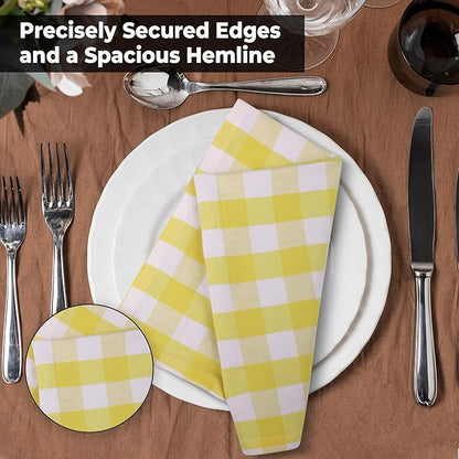 Urban Villa Easter Cloth Napkins 100% Cotton Dinner Napkins Highly Absorbent 20x20 Inches (Set of 12) Yellow White Buffalo Checks Reusable Washable Soft Durable Napkins Ideal for Home Wedding Parties