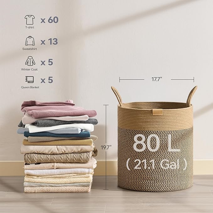 80L Laundry Hamper Basket,Baby Nursery Woven Storage Basket for Toys Bin,Pillows,Blankets,Clothes,Dark&Brown