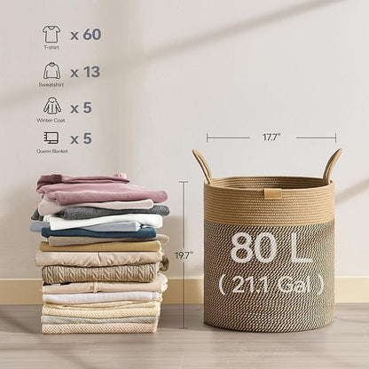 80L Laundry Hamper Basket,Baby Nursery Woven Storage Basket for Toys Bin,Pillows,Blankets,Clothes,Dark&Brown