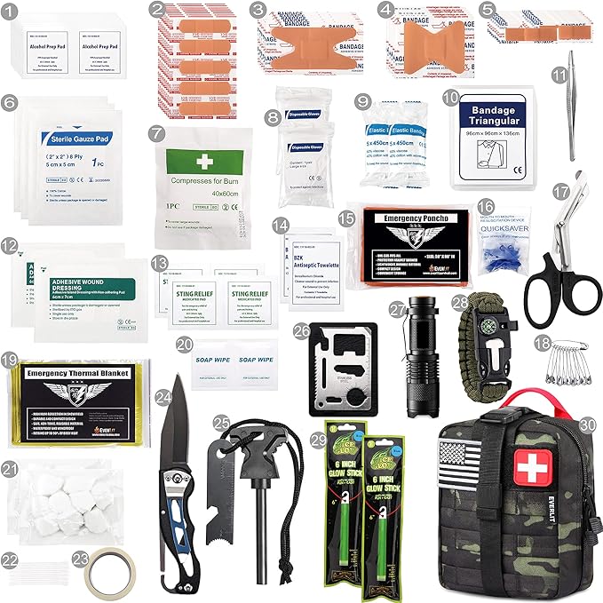 EVERLIT 250 Pieces Survival First Aid Kit IFAK EMT Molle Pouch Survival Kit Outdoor Gear Emergency Kits Trauma Bag for Camping Boat Hunting Hiking Home Car Earthquake and Adventures