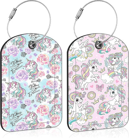 2 Pack PU Luggage Tags for Suitcase, Cute Unicorns Suitcase Tag Leather ID Label Bag Tags with Privacy Cover and Metal Loop for Men Women Travel Bag