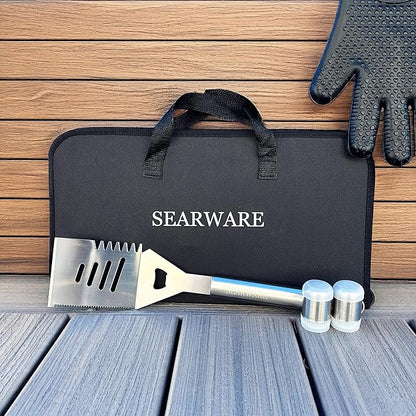 Barbecue Grill Tool Set - Stainless Steel - Strong Durable Design - Heat Resistant Glove & Bristle Free Grill Brush - Thermometer, Meat Injector, & Corn Skewers - Perfect For Smokers & Grills