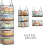 Deeper 4'' Design 5 Tier Foldable Hanging Closet Organizer and Storage，Wire Cabinet Shelves and Rack with 5 S Hooks,Stackable Metal Basket Bins for Clothes Shoe Purse,Holder for Wardrobe Dorm,Black
