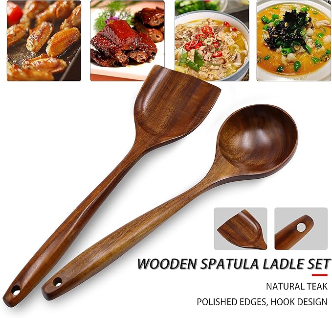 FJNATINH Wooden Wok Spatula Ladle Tool Set, 14-inch Long Handle Teak Wok Spatula