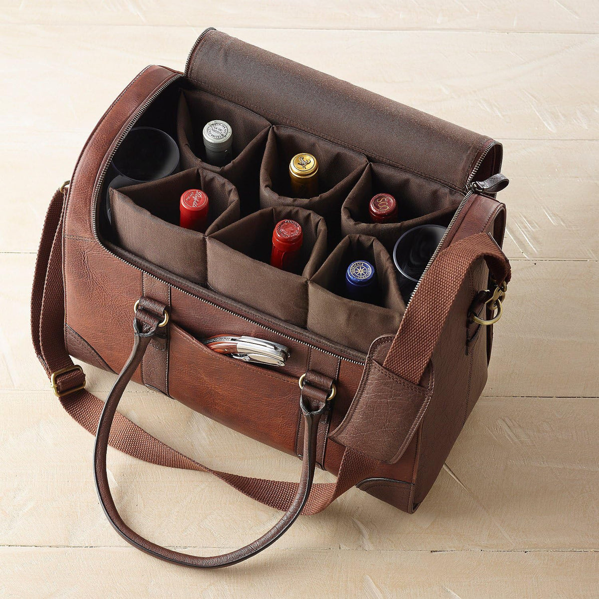 Wine Enthusiast 6-Bottle Leather Wine Tote Bag | Handcrafted Leather Wine Carrier with Dividers | Secure Buckle & Zipper Closure | Portable Wine Cooler Bag for Picnics, Travel & Parties | Wine Gifts