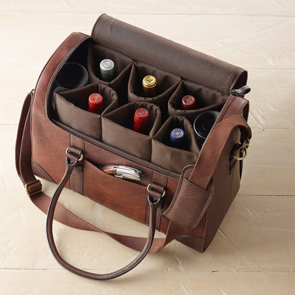 Wine Enthusiast 6-Bottle Leather Wine Tote Bag | Handcrafted Leather Wine Carrier with Dividers | Secure Buckle & Zipper Closure | Portable Wine Cooler Bag for Picnics, Travel & Parties | Wine Gifts